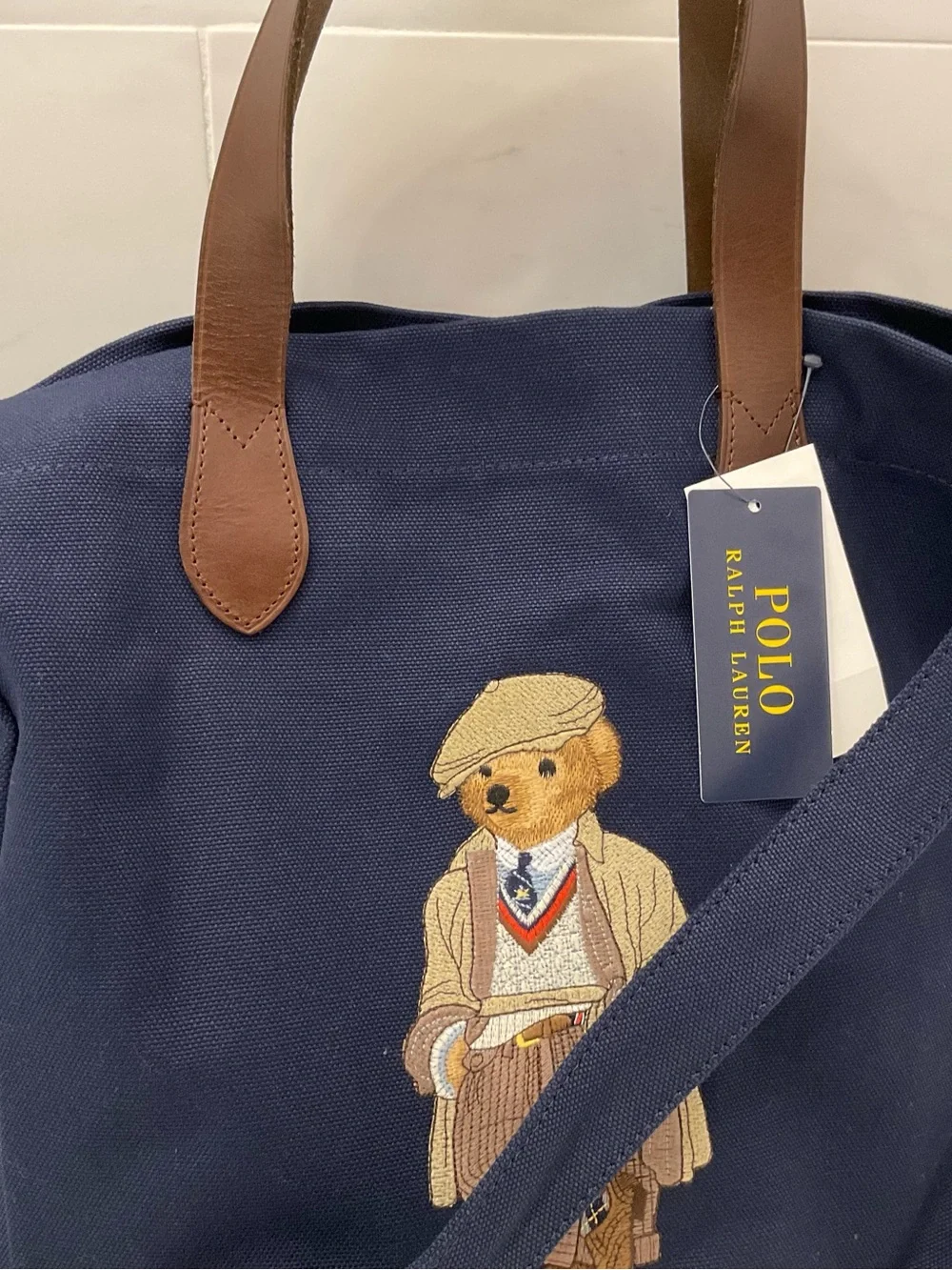 Polo Ralph Lauren Navy Blue HERITAGE BEAR Canvas Embroidered SHOPPER Tote Bag
